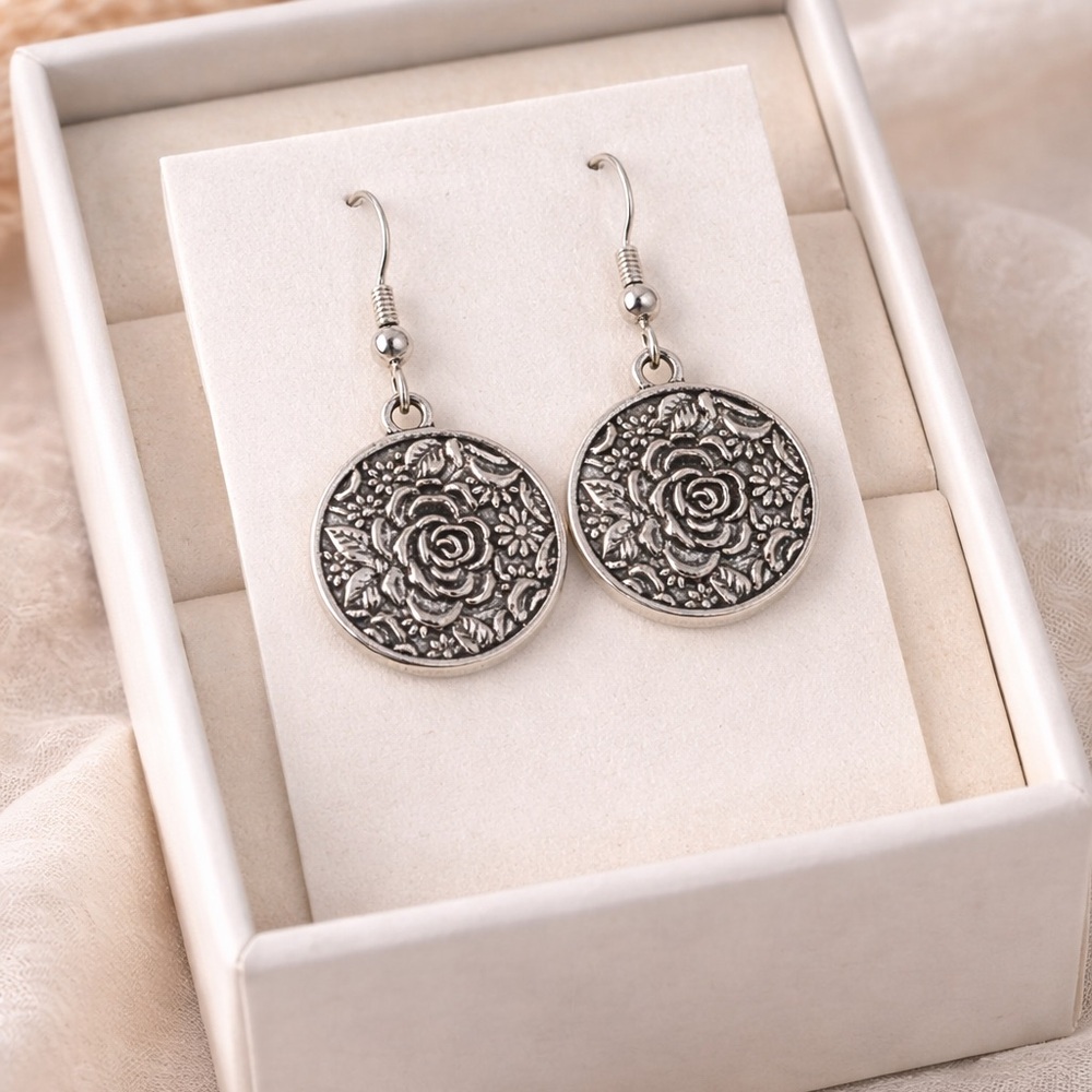 Silver Floral Dangle Earrings | Vintage Style Rose Disc Earrings